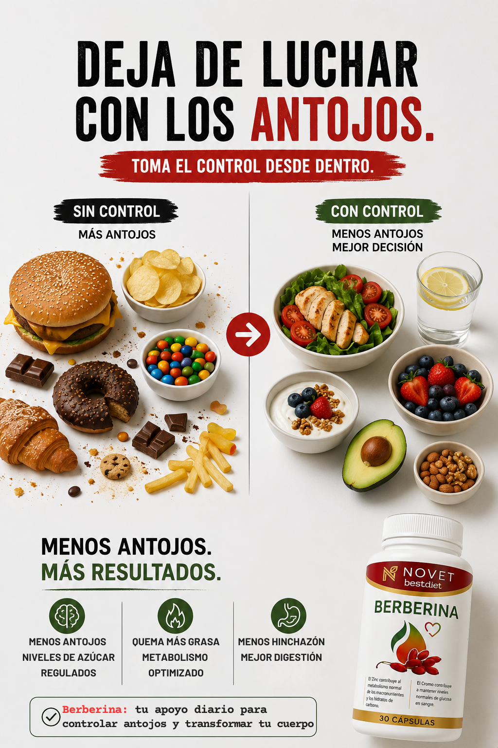 Controla el hambre emocional y los antojos - Berberina 30 Cápsulas
