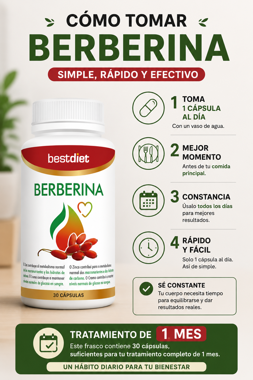 Controla el hambre emocional y los antojos - Berberina 30 Cápsulas